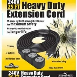 HydroFarm 3 Outlet Power Strip / Heavy Duty Extension Cord | 240V | 25'